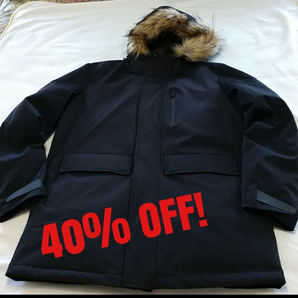 NEW Mens Goose Down Parka Coat OROBOS Faux Fur Trim Hood Charcoal Black Magnet L